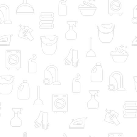 Cleaning, wash line icons. Washing machine, sponge, mop, iron, vacuum cleaner, shovel clining background. Order in the house thin linear backdrop for cleaning service.のイラスト素材