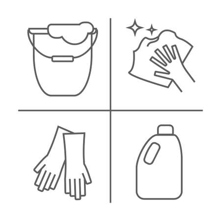 Cleaning the floor line icons. A bucket for washing the floor, a floorcloth, gloves and other cleaning icon. Order in the house thin linear signs for cleaning service.のイラスト素材