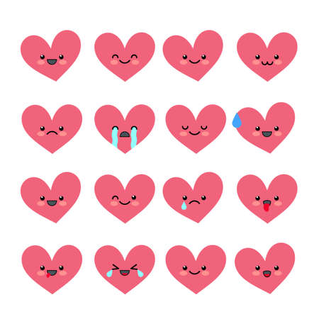 Cute heart emoticons set. Various emotions of the character. Collections Valentine s avatar icons. Vector illustration.のイラスト素材