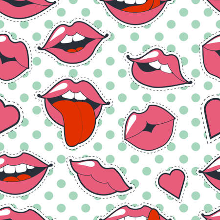 Glamorous quirky seamless background. Vector illustration for fashion design. Bright pink makeup kiss mark. Passionate lips in cartoon style of the 80-s and 90-s isolated on with polka dots.のイラスト素材