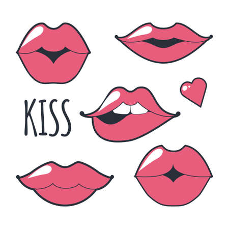 Different women s lips vector icon set isolated from white background. Red lips close up girls. Shape sending a kiss, kissing lips. Collection of women s mouths and multicolored lips symbol.のイラスト素材