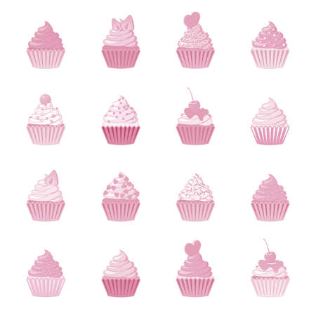 Vector cupcakes and muffins set. Pink desserts with cream, chocolate, cherries and strawberries. Cute cupcakes for flyers, postcards, stickers, prints, posters, decorations.のイラスト素材