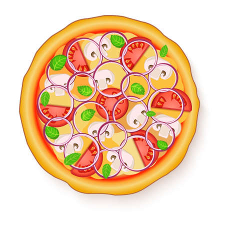 Vector illustration of Tasty, flavorful pizza isolated on white background. Vegetarian pizza with mushroomsのイラスト素材