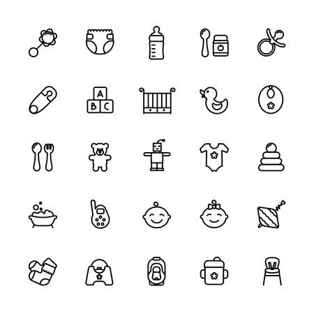 Baby care thin line icon set. Outline stroke feeding, game, bathing pictograms. Bottle, nipple, crib, booties and other baby accessories.のイラスト素材