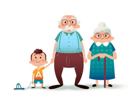 Funny cartoon family. Happy grandfather, grangmother and grandson. Granddad and little boy holding hands. Happy family concept. Cartoon flat illustrationの写真素材