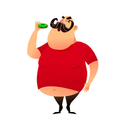 Fat guy takes a bite of a donut. Funny cartoon obesity man in a T-shirt with a naked belly. Puffy mustachioed big happy character. Unhealthy food and harmful lifestyles conceptのイラスト素材