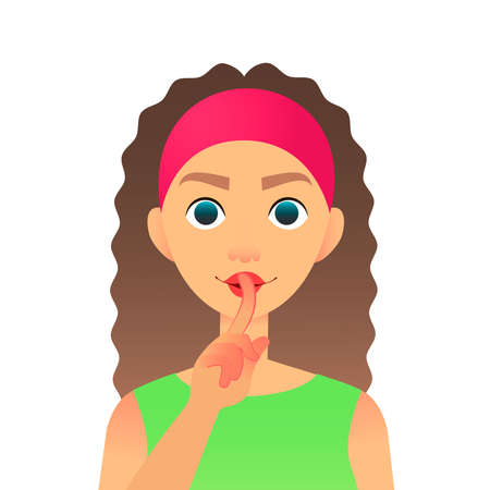 Cartoon beautiful woman saying hush be quiet with finger on lips gesture. Flat vector secret girl. Female silent gesture with finger. Shhh symbolのイラスト素材
