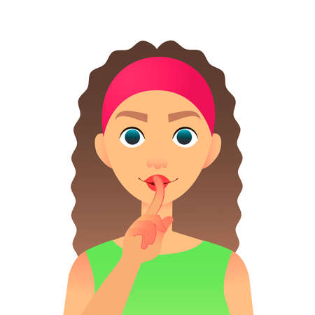 Cartoon beautiful woman saying hush be quiet with finger on lips gesture. Flat vector secret girl. Female silent gesture with finger. Shhh symbol