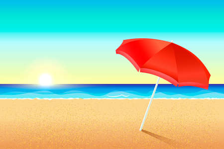 Beautiful vector beach. Sunset or dawn on the coast of the sea. A red umbrella stands in the sand. The sun sets over the ocean.のイラスト素材