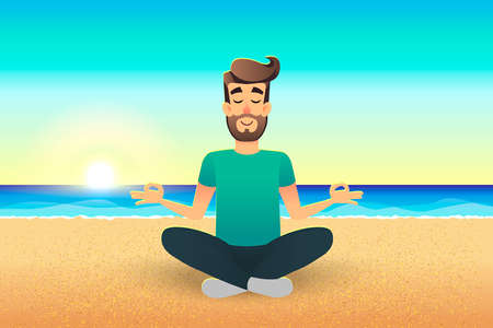 Cartoon flat happy man sitting on beach and meditating. Illustration of handsome male relaxed calm in lotus pose. Man Yoga - relaxation in the coast. Relax vacation summer holidays concept.のイラスト素材