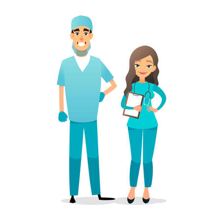 Doctor and nurse team. Cartoon medical staff. Medical team concept. Surgeon, nurse on hospital. Professional health workers. Flat vector characters isolated on white.のイラスト素材