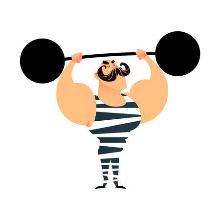 Funny cartoon circus strong man. A strong muscular athlete lifts the barbell. Retro sportsman with a mustache. Flat vector guy character with heavy metal barbell. Bodybuilder illustration. Power Circus artistのイラスト素材