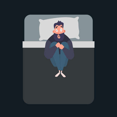 Frightened man character. Panic attack. Fear, phobia concept. Mental disorder flat vector illustration. Male suffers from nightmares and insomnia.の写真素材