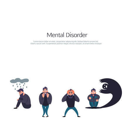 Mental Disorder inscription. Group of people with psychology or psychiatric problem. Illness men in anxiety disorder. Phobia, suicide, fear and other mental disorder vector illustration.のイラスト素材