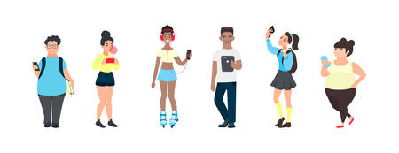 Millennial teenagers with smartphones. Group of multicultural friends using gadgets. Young people using social media.のイラスト素材