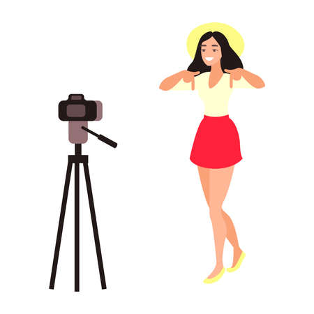 Teen video blogger. Fashion blogger showing new trends. Young girl recording video tutorial for Internetのイラスト素材