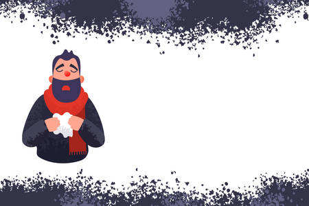 Cold flu banner. Ill virus sick concept. Male character sneezes and holds a handkerchief. Vector illustration in flat style with trendy grunge shadows. Empty space for textのイラスト素材