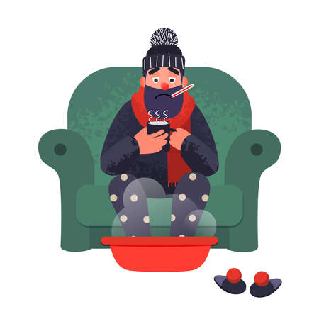 Cold flu man in sofa with a thermometer is treated at home. Vector illness concept in flat style with trendy grunge shadows. Flu ill sick vector flat male character with cup of tea.のイラスト素材