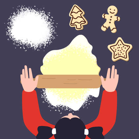Cooking master class. Culinary workshop. Top view. Cooking ginger cookies. Baking Christmas Gingerbread. The girl rolls the dough. Spilled flour.のイラスト素材
