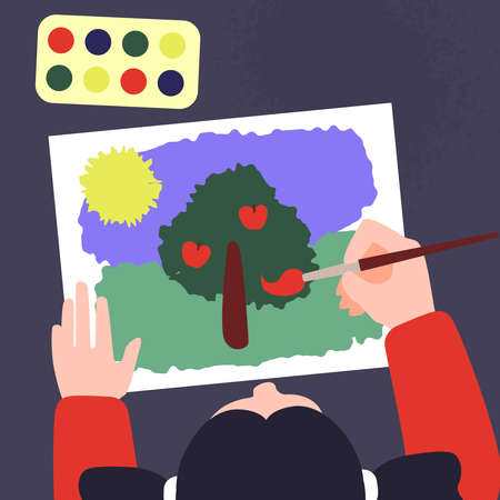 Top view of a table with draw hands. Vector illustration of painting workshop. Creative art lab template.Paint, canvas, brushes and other accessories for drawingのイラスト素材