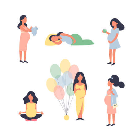Pregnant woman. Pregnancy vector illustration set. Yoga, walk, sleep, baby shower and other situations. Character vector design.のイラスト素材