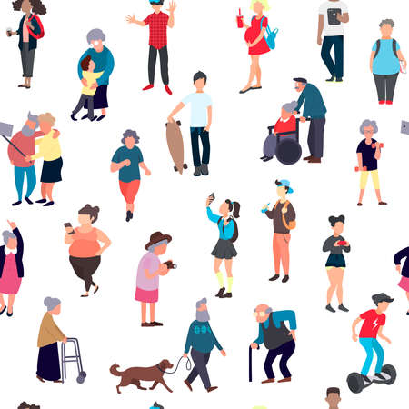 Seamless pattern with cartoon people walking on street. Crowd of male and female tiny characters. Colorful vector seamless pattern in trandy flat style for wallpaper, fabric printのイラスト素材