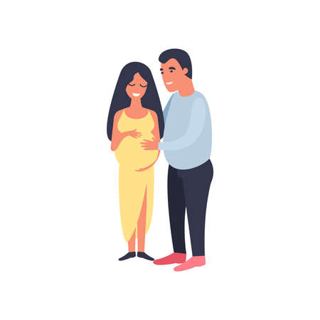 Happy couple. Man hugging pregnant woman and touching her belly. Pregnancy and motherhood. Cute flat cartoon characters isolated on white backgroundのイラスト素材