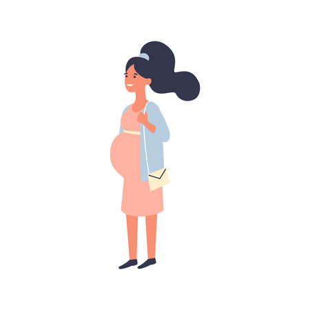 Young beautiful pregnant woman walking. Pregnancy vector illustration. Flat cartoon character design.のイラスト素材