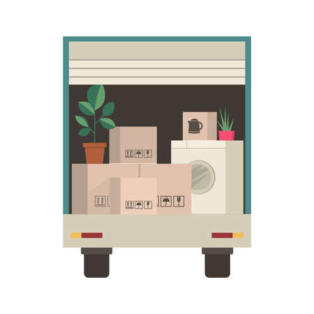 Cardboard boxes and packed household stuff in van - moving to a new house or office. Things inside truckのイラスト素材