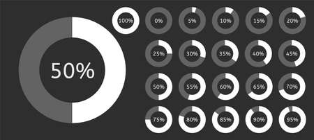Chart pie with 0 5 10 15 20 25 30 35 40 45 50 55 60 65 70 75 80 85 90 95 100 percent. Percentage circle graph.のイラスト素材