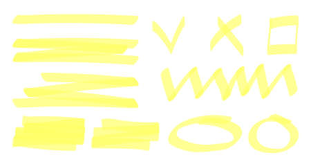 Marker highlighter elements. Color highlight stripes. Hand drawn shapes and lines. For decorations texts slideshow. Yellow arrow round line check crossのイラスト素材