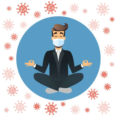 Man in medical mask is calm and protected from viruses. Coronavirus protection concept.のイラスト素材