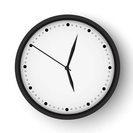 Realistic office wall clock. Black round watch face. Vector alarm modern vector timerのイラスト素材