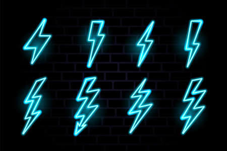 Neon bolt. Electric lighting sign. Light power thunder icon. Glow vector energy illustration.のイラスト素材