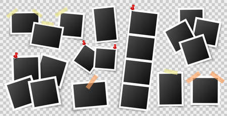 Photo frame picture on wall. Scrapbook alboom image. Vector vintage photo instant set with pin and stickyのイラスト素材