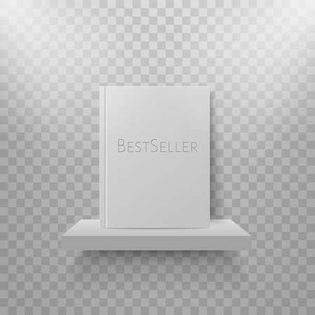 Book mockup on bookshelf. Bestsellers in hard cover on shelf. Bookstore display. Vector realistic mock up designのイラスト素材