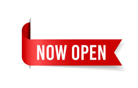 Now open tag. Glossy red ribbon. Vector grand opening flyer.のイラスト素材