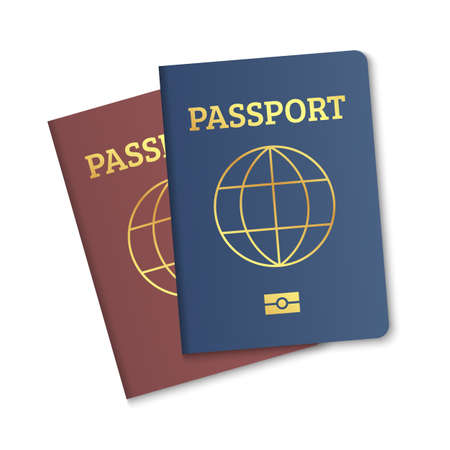 International passport cover red and blue template. Vector biometric citizen passports cover with mapのイラスト素材