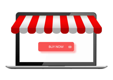 Online store. Digital marketing, vector shop. E-commerce shopping concept. Buy now button on laptopのイラスト素材