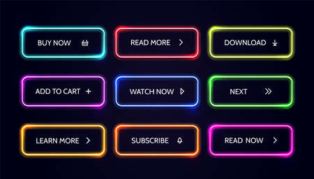 Neom web button. Glow modern colorful action buttons. Vector buy now download read more banner setのイラスト素材