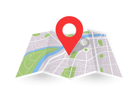 Folded city map with pin. Paper 3D location place icon. Vector gps navigation conceptのイラスト素材