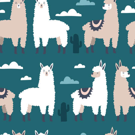 Llama pattern. Lama seamless handdrawn print. Vector cartoon textile templateのイラスト素材