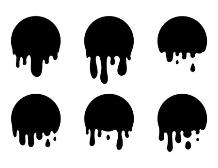 Circle dripping splatter.  Milk chocolate oil caramel blood drop. Vector black shapesのイラスト素材