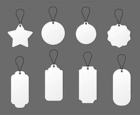Empty white price tag label. Paper realistic card sale badge. Vector round star rectangle empty cardboard shapeのイラスト素材