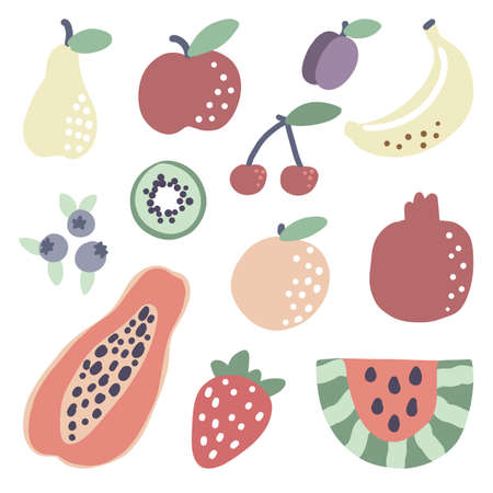 Doodle tropical fruit. Papaya watermelon orange strawberry summer food. Vector vegetarian banana kiwi blueberry sticker set.のイラスト素材