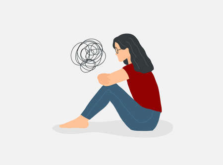 Depressed alone woman. Mental disorder concept. Vector sad unhappy female. Anxiety personのイラスト素材