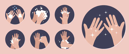 Wash your hands. Infographic steps how washing hands properly. Prevention against virus and infection. . Vector illustrationのイラスト素材