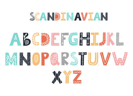 Scandinavian alphabet. Childish hand drawn font. Vector decorative lettersのイラスト素材