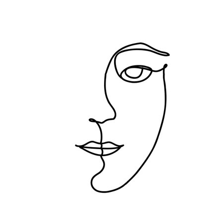 Continuous one line face. Woman stylied minimal artwork. Vector freehand contourのイラスト素材