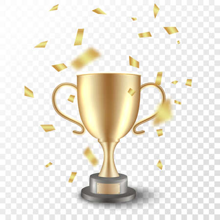Winner trophy cup. Gold champion prize and confetti. Vector realistic championship golden cupのイラスト素材